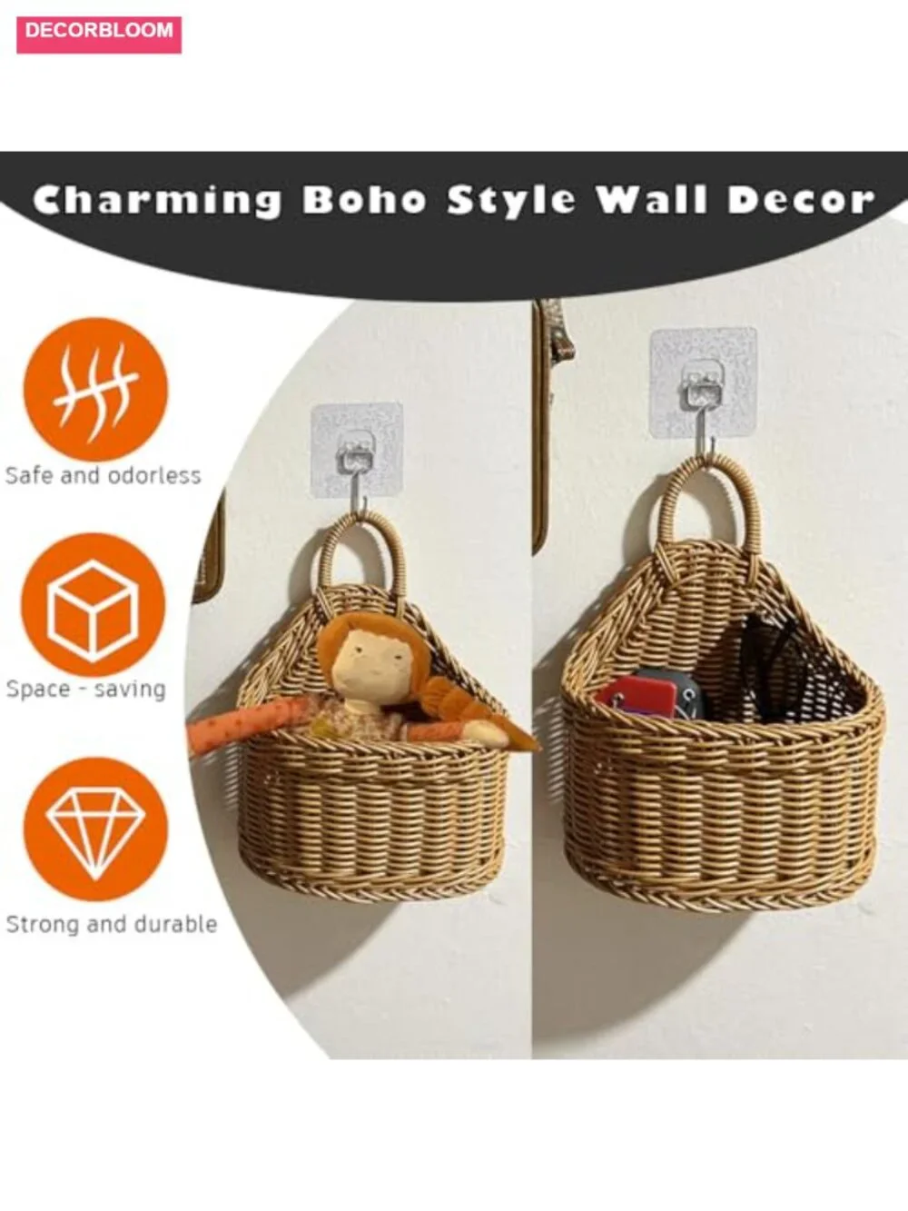 Japanese Rattan Style Hanging Storage Baskets 2-Pack Kitchen Organizer Garlic